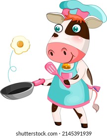 Cow cartoon character cooking breakfast illustration