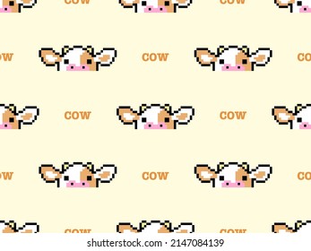 Cow cartoon character seamless pattern on yellow background.Pixel style