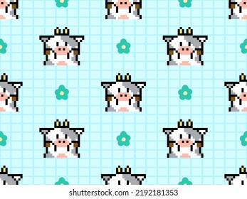 Cow cartoon character seamless pattern on blue background. Pixel style