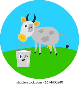 cow cartoon character winks on a green meadow nearby stands a bucket of milk farming concept logo for design