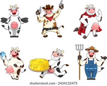 Cow Cartoon Characters. Vector Hand Drawn Collection Set Isolated On White Background 