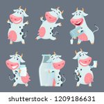 Cow cartoon. Cute farm milk animal character in various action poses vector funny mascot. Illustration of farm cow animal with milk bottle