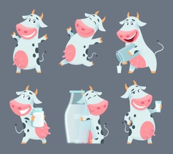 Cow Cartoon. Cute Farm Milk Animal Character In Various Action Poses Vector Funny Mascot. Illustration Of Farm Cow Animal With Milk Bottle