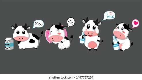 Cow cartoon. Cute farm milk animal character  Illustration of farm cow animal with milk bottle.