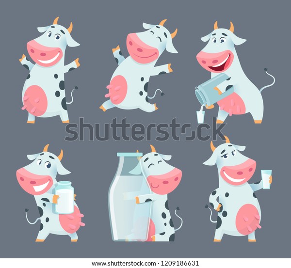 牛の漫画 様々なアクションを持つかわいい農乳動物キャラクターが ベクター画像のおかしなマスコットを表現している 牛乳びんを使った家畜のイラスト のベクター画像素材 ロイヤリティフリー