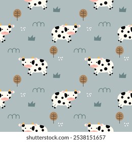 Cow cartoon so cute. On tree grass background. Pattern seamless vector illustration. 
