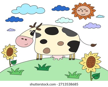 Vetor de desenho de desenhos animados de vaca para design de cartão postal para crianças