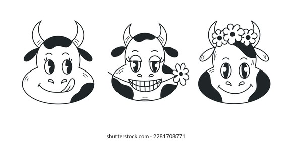 Caricatura de vaca con doodle set. Colección dibujada a mano con graciosa cabeza sonriente de vaca y flores para el diseño de productos lácteos, niños, impresión. Ilustración vectorial aislada. Arte de línea