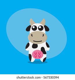 Cow cartoon flat cute card on blue background. Cow toy