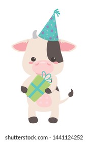 Cow cartoon with happy birthday icon design