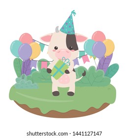 Cow cartoon with happy birthday icon design