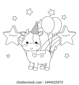 Cow cartoon with happy birthday icon design