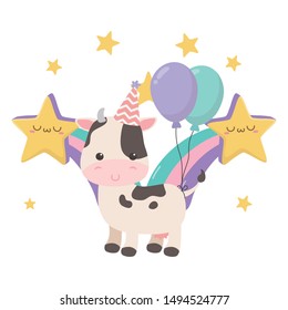 Cow cartoon with happy birthday icon design