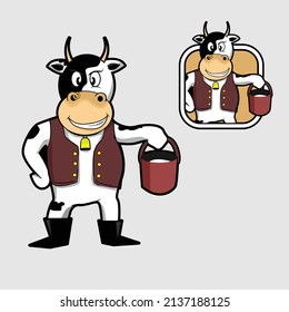 Cow cartoon mascot graphic vector illustration carrying a milk bucket
suitable for farm logo or mascot etc