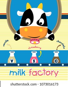 Cow cartoon with milk bottles on striped background