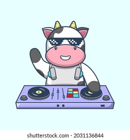 Cow Cartoon Playing DJ Electronic Music Mixer With Headphone Vector Icon Illustration. Animal Music Icon Themed Illustration. Good for a DJ mascot, Music icon, emoticons, sticker.