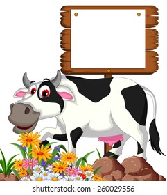 cow cartoon posing with blank sign