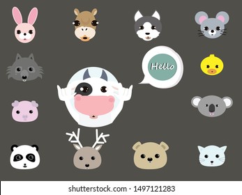 Cow cartoon say hello concept . Flat vector illustration for web page. 
