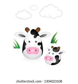 Cow. Cartoon style drawing cows illustration.
Cute and funny cows cartoon character.
Grass and clouds on background.