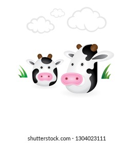 Cow. Cartoon style drawing cows illustration.
Cute and funny cows cartoon character.
Grass and clouds on background.