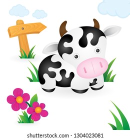Cow. Cartoon style drawing cow illustration.
Cute and funny cow cartoon character in field with grass, flowers and wooden arrow sign on background.
