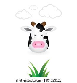 Cow. Cartoon style drawing cow illustration.
Cute and funny cow cartoon character.
Grass and clouds on background.