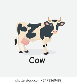 Cow Cartoon Vector Illustration for Kids Learning, Posters, Cards, and Sublimation Prints on White Background