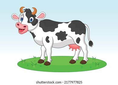 Cow cartoon vector on sky background, Farm animal