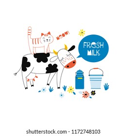 Cow and cat illustration, Farm graphics