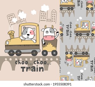 cow and cat on the train funny cartoon with seamless pattern
