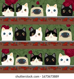 Cow cat, siamese cat, white cat, black cat, wall background, cute pet kitten, hand drawn animal vector illustration on green branch rose background,