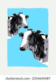 Cow, cattle hand drawn icon character mascot vector illustration. Realistic sketch drawing style poultry farm animal collection.