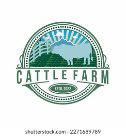 diseño del logotipo del ganado vacuno con placa de círculo, ilustración vintage vintage de primera calidad