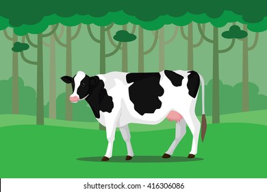 cow cattle single isolated white with green grass and tree vector illustration
