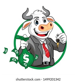 Cow character with dollar money 