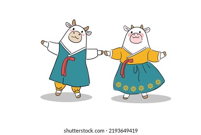 Un personaje de vaca en hanbok.