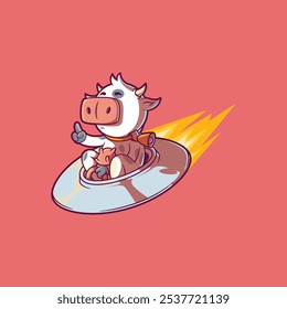 Cow Character on an alien spaceship vector illustration. Mascot, space design concept.