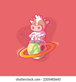 Cow Character on top of a planet in space vector illustration. Technology, space, funny design concept.