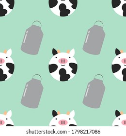 Cow character seamless background vector illustration. Kids wallpaper. Fabric animals template. Fashion baby print. Farm animal.