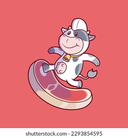 Cow character surfing on a beef vector illustration. Food, funny, brand design concept.