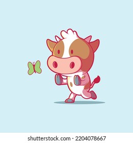 Cow Character trying to catch a butterfly vector illustration. Animal, brand, mascot design concept.