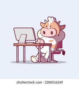 Cow Character working on a computer vector illustration. Business, motivation, brand design concept.