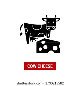 Cow cheese icon. Picture of a cow with a piece of cheese. Flat and black icon.