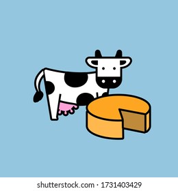 Cow cheese icon. Picture of a cow with a piece of cheese. Color icon.