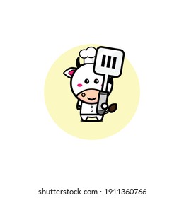 Cow chef character illustration design carrying a spatula