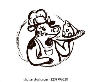 cow chef with cheese black outline white background logo
