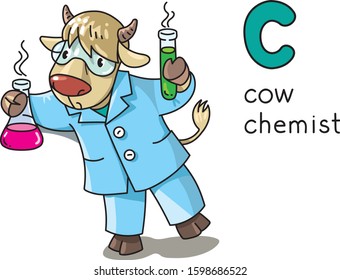 Cow chemist. Animals profession ABC. Alphabet C