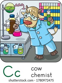 Cow chemist. Animals profession ABC. Alphabet C