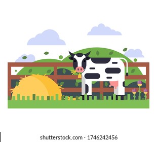 A cow chewing hay. Country animal in a flat design. Rural landscape on an isolated white background. Vector stock illustration.