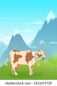 A cow chews grass on the background of mountains and meadows. Summer landscape, scenery. Vector cartoon illustration.